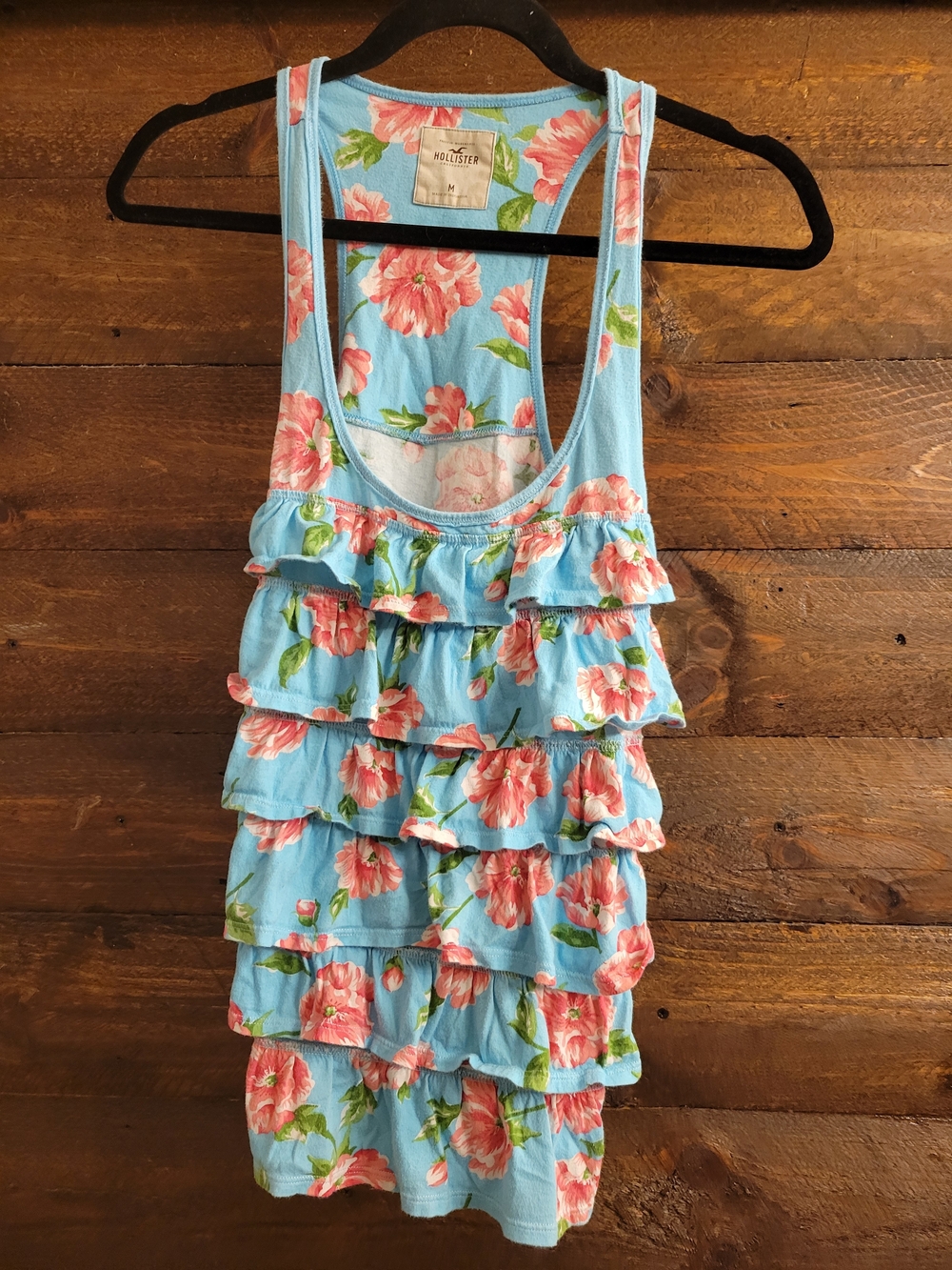 Hollister Light Blue Floral Ruffle Tank with Pink Flowers